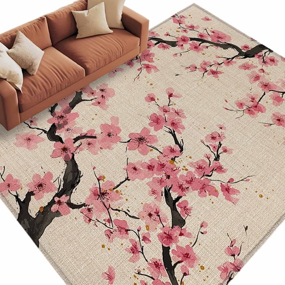 Rectangle Rug 6x9ft Area Rug, Country Blossom Cherry Flower Area Rugs for Living Room Bedroom, Spring Pink Floral Retro Linen Floor Mat Non-Slip Non-Shedding Carpet Indoor Accent Rugs
