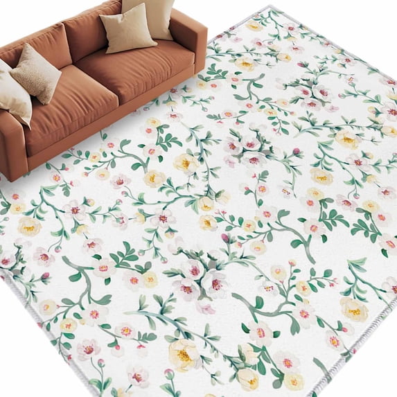 Rectangle Rug 6x9ft Area Rug, Country Blossom Flower Leaf Area Rugs for Living Room Bedroom, Spring White Yellow Floral Floor Mat Non-Slip Non-Shedding Carpet Indoor Accent Rugs