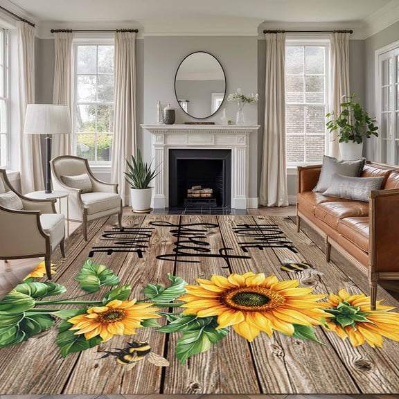 Rectangle Rug 6x9ft Area Rug,Country Sunflower Bee Green Leaves Area Rugs for Living Room Bedroom,Farm Retro Wood Board Floor Mat Non-Slip Non-Shedding Carpet Indoor Accent Rugs
