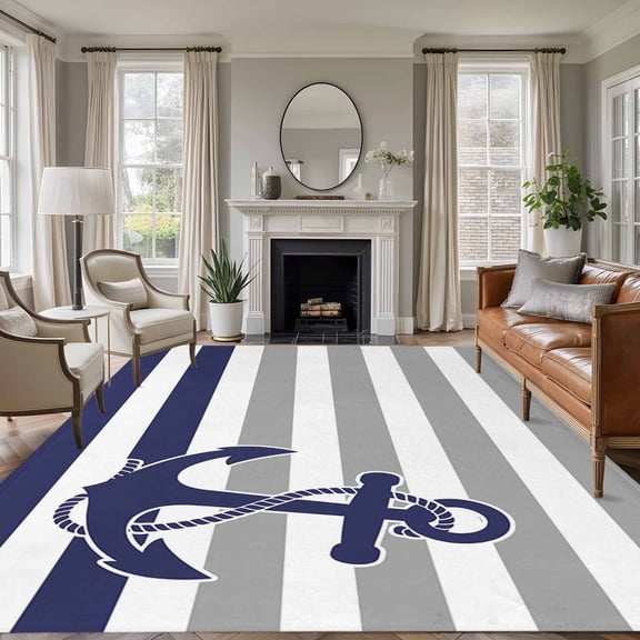 Rectangle Rug 6x9ft Area Rug,Dark Blue Ocean Anchor Area Rugs for Living Room Bedroom,Gray White Stripe Floor Mat Non-Slip Non-Shedding Carpet Indoor Accent Rugs