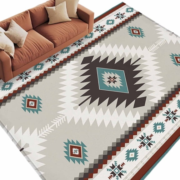 Rectangle Rug 6x9ft Area Rug, Ethnic Tribal Geometric Pattern Area Rugs for Living Room Bedroom, Aztec Boho Native Texture Floor Mat Non-Slip Non-Shedding Carpet Indoor Accent Rugs
