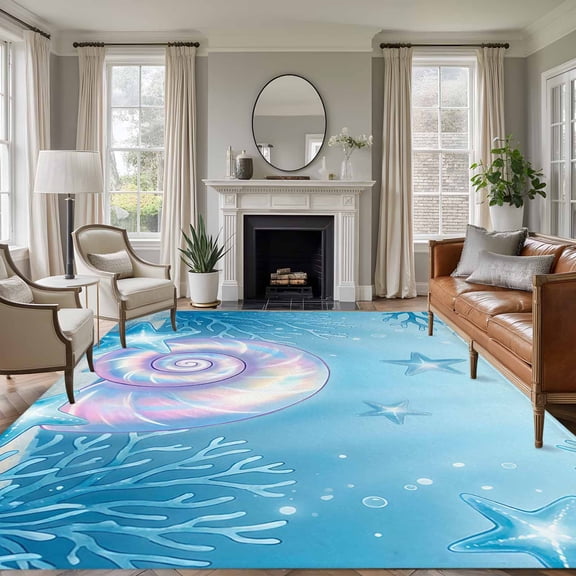 Rectangle Rug 6x9ft Area Rug,Fantasy Pink Sea Nuts Blue Stars Area Rugs for Living Room Bedroom,Marine Life Coral Floor Mat Non-Slip Non-Shedding Carpet Indoor Accent Rugs