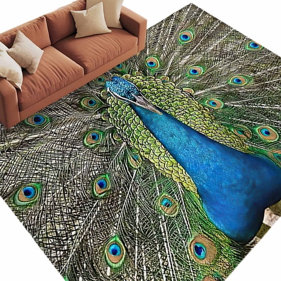 Rectangle Rug 6x9ft Area Rug,Farm Bird Art Peacock Close-up Area Rugs for Living Room Bedroom,Animal Feather Pattern Floor Mat Non-Slip Non-Shedding Carpet Indoor Accent Rugs