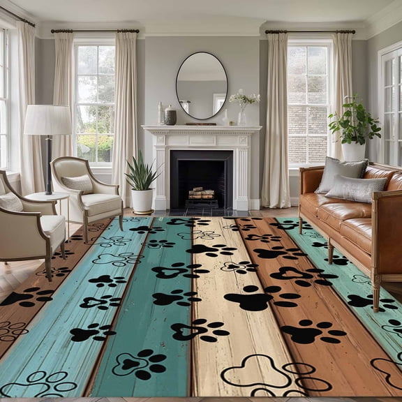 Rectangle Rug 6x9ft Area Rug,Farm Brown Wood Board Area Rugs for Living Room Bedroom,Dog Paw Print Animal Footprint Floor Mat Non-Slip Non-Shedding Carpet Indoor Accent Rugs