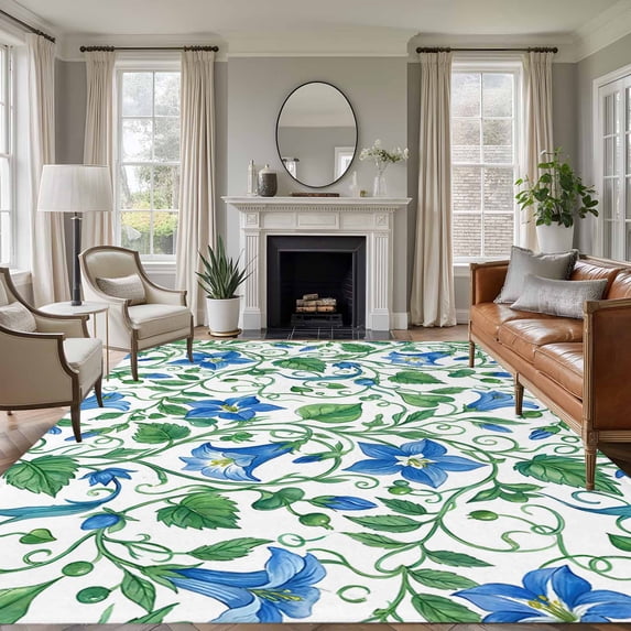 Rectangle Rug 6x9ft Area Rug,Farm Morning Glory Ombre Blue Area Rugs for Living Room Bedroom,Green Leaves Plant Floor Mat Non-Slip Non-Shedding Carpet Indoor Accent Rugs