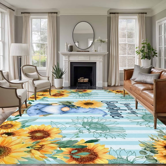 Rectangle Rug 6x9ft Area Rug,Farm Sunflower Dwarf on Stripe Area Rugs for Living Room Bedroom,My Sunshine Quote Floor Mat Non-Slip Non-Shedding Carpet Indoor Accent Rugs