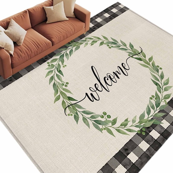 Rectangle Rug 6x9ft Area Rug, Farm Watercolor Green Leaves Area Rugs for Living Room Bedroom, Welcome Text Linen Black Plaid Floor Mat Non-Slip Non-Shedding Carpet Indoor Accent Rugs