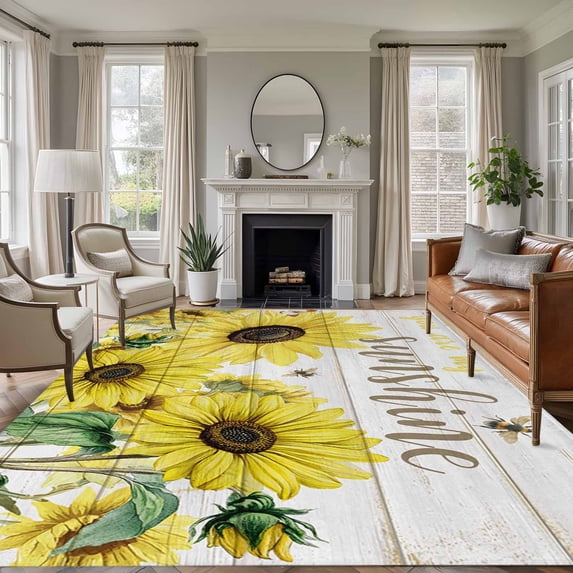 Rectangle Rug 6x9ft Area Rug,Farm Yellow Sunflower Butterfly Area Rugs for Living Room Bedroom,Sunshine Quote Retro Plank Floor Mat Non-Slip Non-Shedding Carpet Indoor Accent Rugs