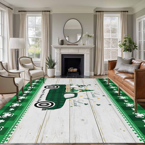 Rectangle Rug 6x9ft Area Rug,Farmhouse Gnome Green Plaid Truck Area Rugs for Living Room Bedroom,St. Patrick's Day Theme Floor Mat Non-Slip Non-Shedding Carpet Indoor Accent Rugs