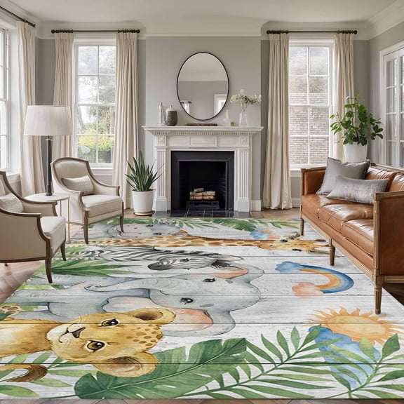 Rectangle Rug 6x9ft Area Rug,Forest Giraffe Zebra Elephant Area Rugs for Living Room Bedroom,Green Leaf Gray Wood Plank Floor Mat Non-Slip Non-Shedding Carpet Indoor Accent Rugs