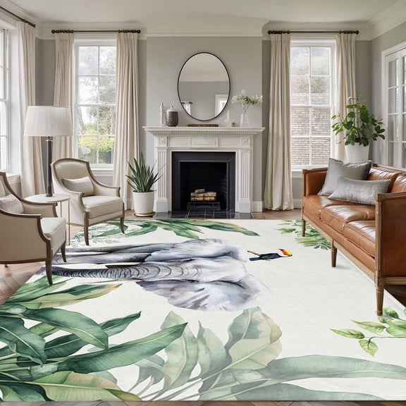 Rectangle Rug 6x9ft Area Rug,Fun Elephant Tropical Palm Leaf Area Rugs for Living Room Bedroom,Green Jungle Bird Floor Mat Non-Slip Non-Shedding Carpet Indoor Accent Rugs