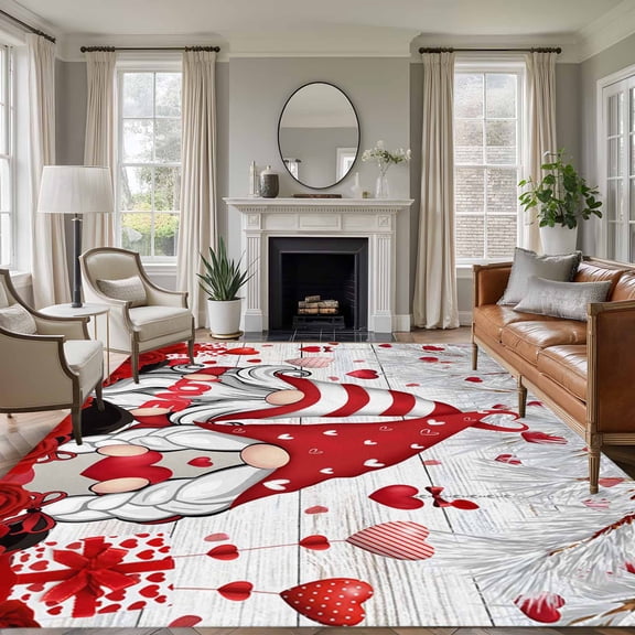 Rectangle Rug 6x9ft Area Rug,Gnomes Lover Red Rose Love Hearts Fir Leaf Area Rugs for Living Room Bedroom,Valentine's Day Floor Mat Non-Slip Non-Shedding Carpet Indoor Accent Rugs