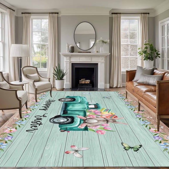 Rectangle Rug 6x9ft Area Rug,Happy Easter Words Area Rugs for Living Room Bedroom,Country Floral Art on Green Wood Floor Mat Non-Slip Non-Shedding Carpet Indoor Accent Rugs