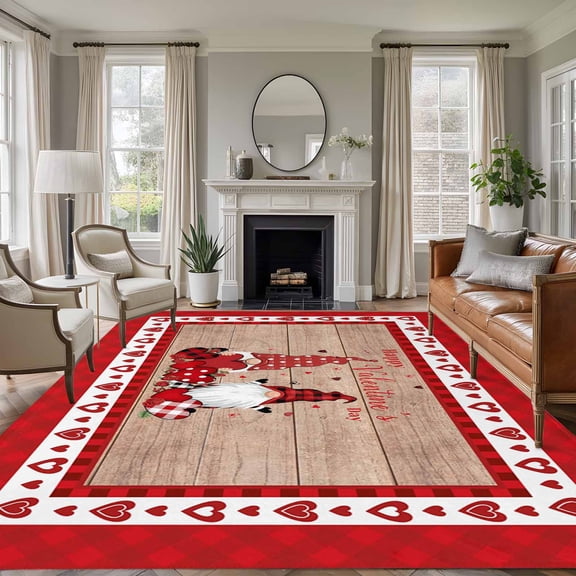 Rectangle Rug 6x9ft Area Rug,Happy Valentine's Day Love Heart Dwarf Area Rugs for Living Room Bedroom,Retro Wood Red Lattice Floor Mat Non-Slip Non-Shedding Carpet Indoor Accent Rugs