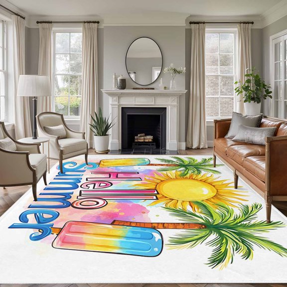 Rectangle Rug 6x9ft Area Rug,Hello Summer Text Sun Palm Tree Area Rugs for Living Room Bedroom,Colorful Ocean Seaside Theme Floor Mat Non-Slip Non-Shedding Carpet Indoor Accent Rugs