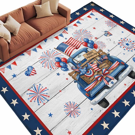 Rectangle Rug 6x9ft Area Rug, Independence Day Blue Truck Area Rugs for Living Room Bedroom, USA Flag Love Stars Floor Mat Non-Slip Non-Shedding Carpet Indoor Accent Rugs
