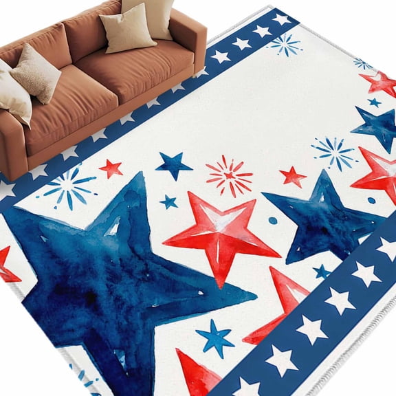 Rectangle Rug 6x9ft Area Rug, Independence Day Star Fireworks Area Rugs for Living Room Bedroom, Red Blue Pentagram Floor Mat Non-Slip Non-Shedding Carpet Indoor Accent Rugs
