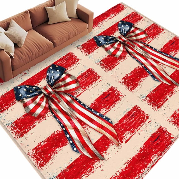 Rectangle Rug 6x9ft Area Rug, Independence Day USA Flag Bow Area Rugs for Living Room Bedroom, Retro Red Brown Striped Floor Mat Non-Slip Non-Shedding Carpet Indoor Accent Rugs