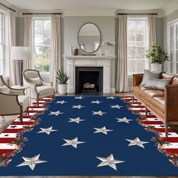 Rectangle Rug 6x9ft Area Rug,Independence Day Western Stars Area Rugs for Living Room Bedroom,Blue Red White Stripe Flag Floor Mat Non-Slip Non-Shedding Carpet Indoor Accent Rugs