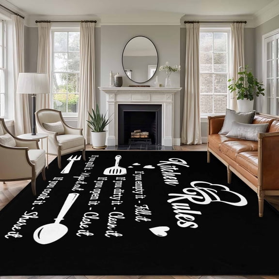Rectangle Rug 6x9ft Area Rug,Kitchen Rules Black and White Area Rugs for Living Room Bedroom,Kitchens Utensils Appliances Floor Mat Non-Slip Non-Shedding Carpet Indoor Accent Rugs