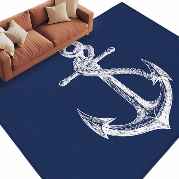 Rectangle Rug 6x9ft Area Rug, Marine Coastal Anchor on Military Blue Area Rugs for Living Room Bedroom, Coastal Nautical Floor Mat Non-Slip Non-Shedding Carpet Indoor Accent Rugs