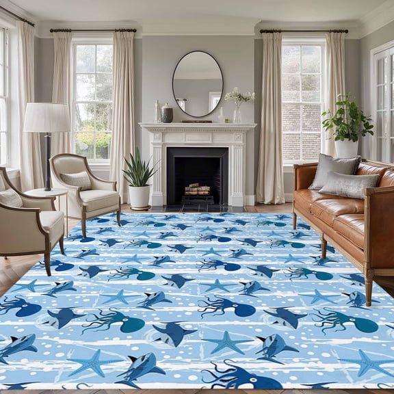 Rectangle Rug 6x9ft Area Rug,Marine Life Sharks Sea Stars Octopus Area Rugs for Living Room Bedroom,Blue White Stripes Floor Mat Non-Slip Non-Shedding Carpet Indoor Accent Rugs