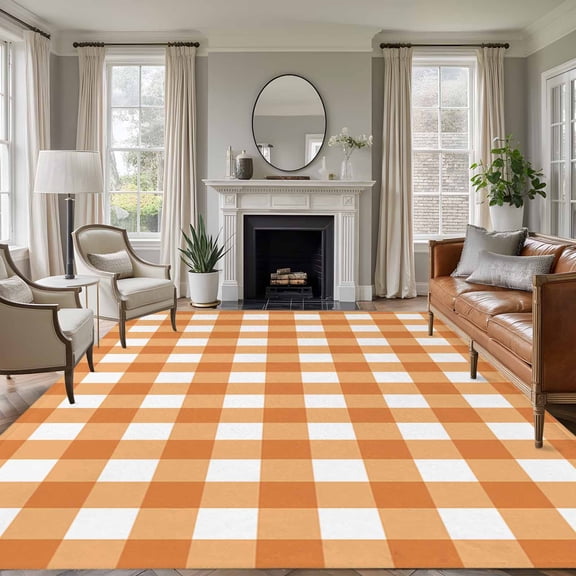Rectangle Rug 6x9ft Area Rug,Minimalist Orange Checkered Grid Area Rugs for Living Room Bedroom,Spring Buffalo Plaid Floor Mat Non-Slip Non-Shedding Carpet Indoor Accent Rugs
