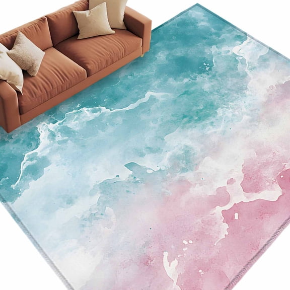 Rectangle Rug 6x9ft Area Rug, Minimalist Teal Pink Gradient Art Area Rugs for Living Room Bedroom, Abstract Ocean Wave Spray Floor Mat Non-Slip Non-Shedding Carpet Indoor Accent Rugs