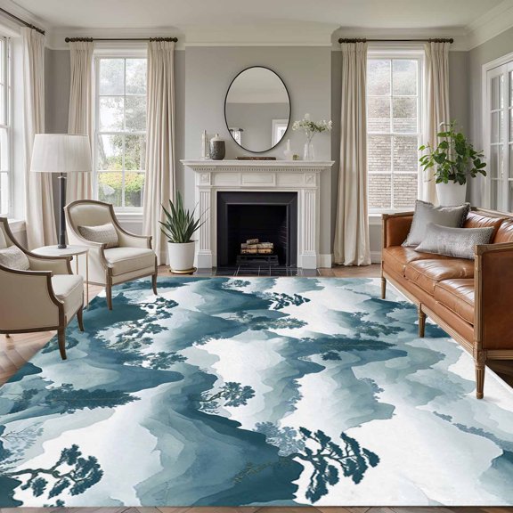 Rectangle Rug 6x9ft Area Rug,Mountain Garden Chinese Style Area Rugs for Living Room Bedroom,Chinoiserie Asian Scenic Floor Mat Non-Slip Non-Shedding Carpet Indoor Accent Rugs