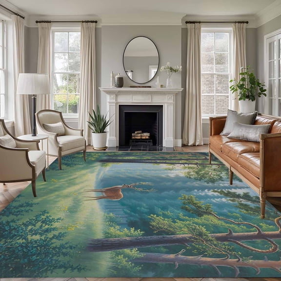 Rectangle Rug 6x9ft Area Rug,Natural Forest Trees Wild Elk Area Rugs for Living Room Bedroom,Nature Scenery Floor Mat Non-Slip Non-Shedding Carpet Indoor Accent Rugs