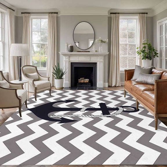 Rectangle Rug 6x9ft Area Rug,Nautical Anchor Dark Blue Area Rugs for Living Room Bedroom,Grey Zigzag Chevron Floor Mat Non-Slip Non-Shedding Carpet Indoor Accent Rugs