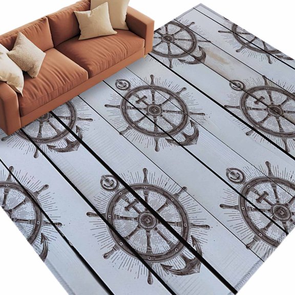 Rectangle Rug 6x9ft Area Rug, Nautical Anchor Gray Plank Area Rugs for Living Room Bedroom, Retro Country Wood Grain Floor Mat Non-Slip Non-Shedding Carpet Indoor Accent Rugs