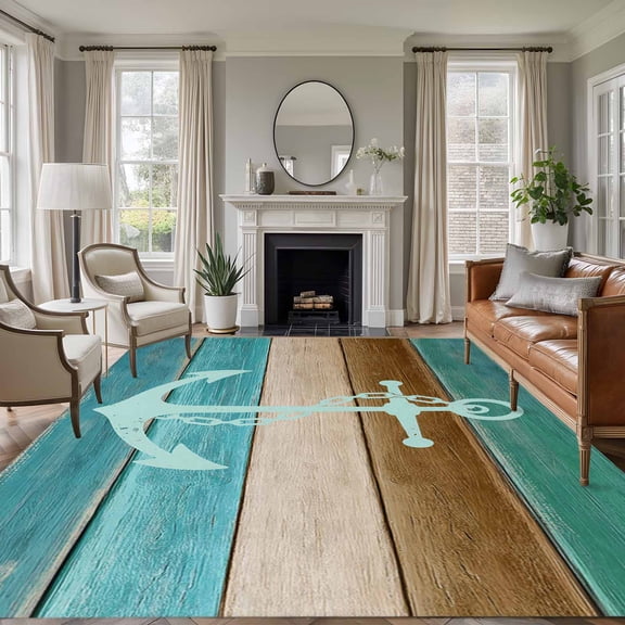 Rectangle Rug 6x9ft Area Rug,Nautical Anchor Retro Wooden Area Rugs for Living Room Bedroom,Farmhouse Teal Wood Board Floor Mat Non-Slip Non-Shedding Carpet Indoor Accent Rugs
