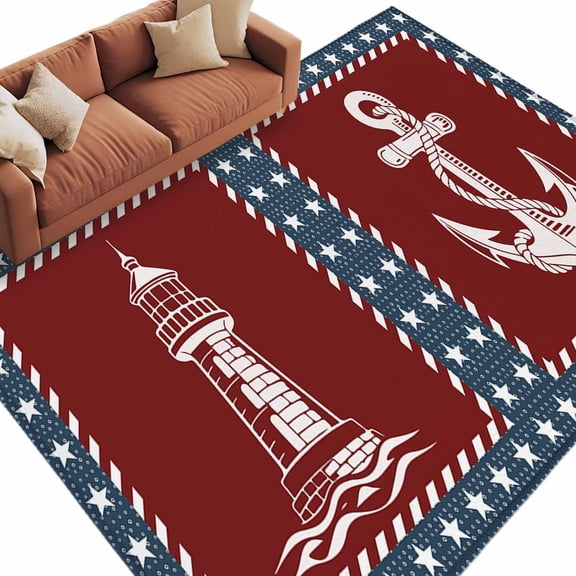 Rectangle Rug 6x9ft Area Rug, Nautical Sailing Anchor Compass Area Rugs for Living Room Bedroom, Lighthouse Star Blue Red Floor Mat Non-Slip Non-Shedding Carpet Indoor Accent Rugs