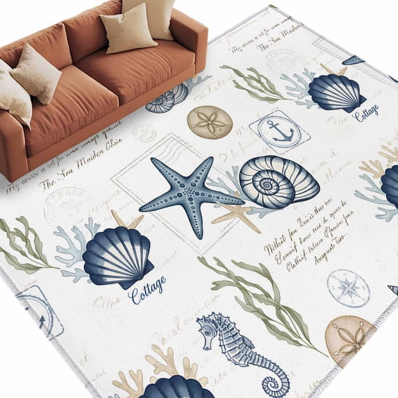 Rectangle Rug 6x9ft Area Rug, Nautical Starfish Shell Conch Area Rugs for Living Room Bedroom, Vintage Stamp Anchor Floor Mat Non-Slip Non-Shedding Carpet Indoor Accent Rugs