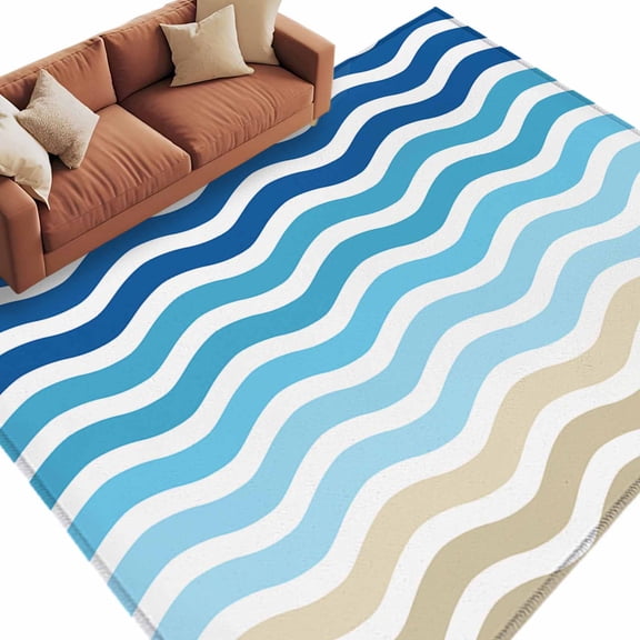 Rectangle Rug 6x9ft Area Rug, Navy Blue Gradient Water Ripple Area Rugs for Living Room Bedroom, Summer Coastal Ocean Theme Floor Mat Non-Slip Non-Shedding Carpet Indoor Accent Rugs