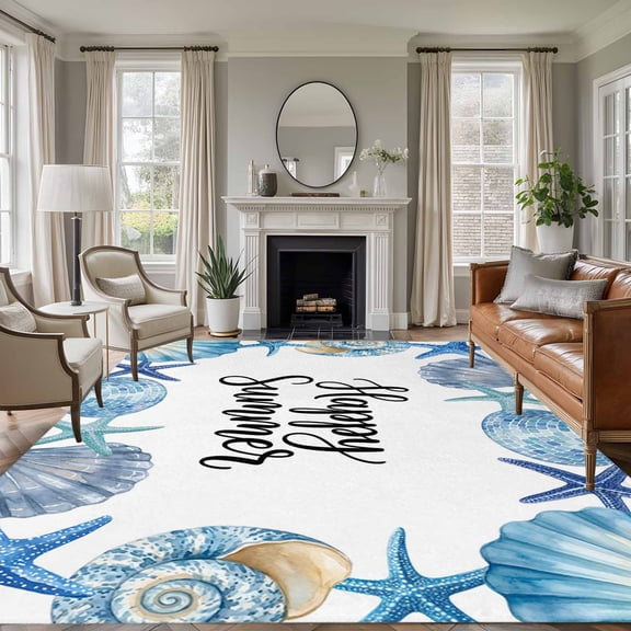 Rectangle Rug 6x9ft Area Rug,Oceans Blue Shells Sea Stars Area Rugs for Living Room Bedroom,Hello Summer Marine Life Floor Mat Non-Slip Non-Shedding Carpet Indoor Accent Rugs