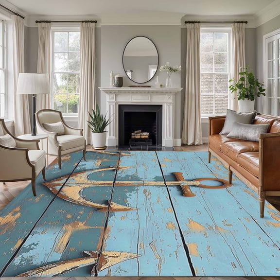 Rectangle Rug 6x9ft Area Rug,Old Ship Anchor on Wood Grain Area Rugs for Living Room Bedroom,Nautical Farm Blue Planks Floor Mat Non-Slip Non-Shedding Carpet Indoor Accent Rugs