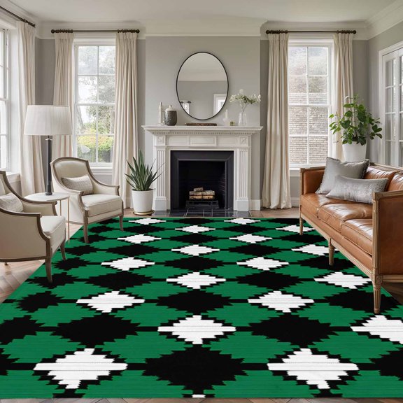Rectangle Rug 6x9ft Area Rug,Pastoral Style Rhombus Texture Area Rugs for Living Room Bedroom,Green White and Black Floor Mat Non-Slip Non-Shedding Carpet Indoor Accent Rugs