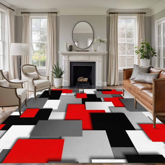 Rectangle Rug 6x9ft Area Rug,Red Color Block Ombre Geometric Area Rugs for Living Room Bedroom,Modern Abstract Art Floor Mat Non-Slip Non-Shedding Carpet Indoor Accent Rugs