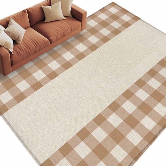 Rectangle Rug 6x9ft Area Rug, Retro Brown Buffalo Check Area Rugs for Living Room Bedroom, Geometric Lattice Linen Texture Floor Mat Non-Slip Non-Shedding Carpet Indoor Accent Rugs