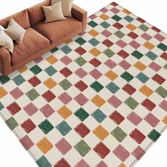 Rectangle Rug 6x9ft Area Rug, Retro Colorful Buffalo Plaid Area Rugs for Living Room Bedroom, Red Pink Orange Green Beige Check Floor Mat Non-Slip Non-Shedding Carpet Indoor Accent Rugs