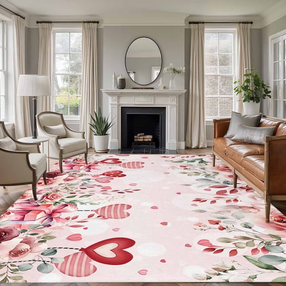 Rectangle Rug 6x9ft Area Rug,Romantic Valentine's Day Floral Area Rugs for Living Room Bedroom,Love Heart Rose Leaf Present Floor Mat Non-Slip Non-Shedding Carpet Indoor Accent Rugs