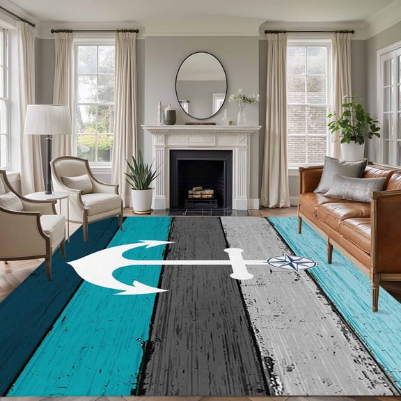 Rectangle Rug 6x9ft Area Rug,Sea Ship Anchors Area Rugs for Living Room Bedroom,Blue Brown Woodcuts Floor Mat Non-Slip Non-Shedding Carpet Indoor Accent Rugs