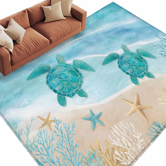 Rectangle Rug 6x9ft Area Rug, Sea Turtle Starfish Coral Area Rugs for Living Room Bedroom, Summer Seaside Ocean Life Floor Mat Non-Slip Non-Shedding Carpet Indoor Accent Rugs