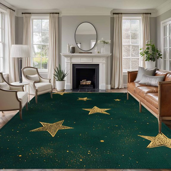 Rectangle Rug 6x9ft Area Rug,Seamless Gold Star on Hunter Green Area Rugs for Living Room Bedroom,Dream Starry Sky Floor Mat Non-Slip Non-Shedding Carpet Indoor Accent Rugs