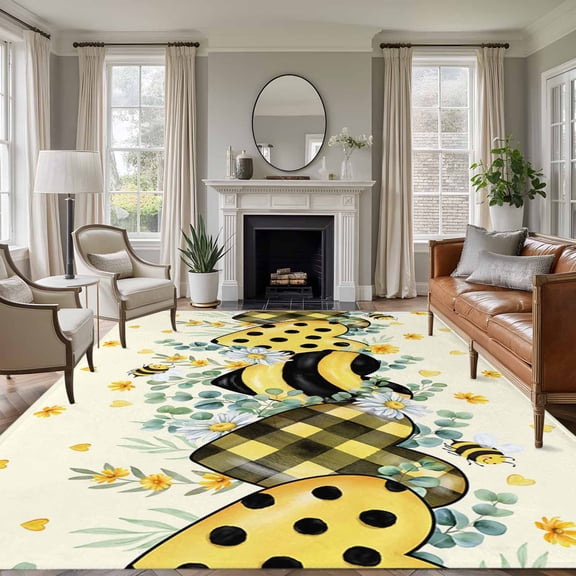 Rectangle Rug 6x9ft Area Rug,Spring Flower Eucalyptus Leaf Area Rugs for Living Room Bedroom,Pastoral Yellow Bee Love Heart Floor Mat Non-Slip Non-Shedding Carpet Indoor Accent Rugs