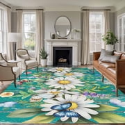 Rectangle Rug 6x9ft Area Rug,Spring Flowers Daisy Butterflies Area Rugs for Living Room Bedroom,Green Wood Board Floor Mat Non-Slip Non-Shedding Carpet Indoor Accent Rugs