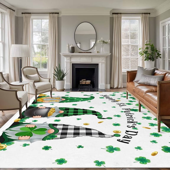 Rectangle Rug 6x9ft Area Rug,St.Patrick Dwarfs and Clovers Leaf Area Rugs for Living Room Bedroom,Green Lucky Shamrock Coin Floor Mat Non-Slip Non-Shedding Carpet Indoor Accent Rugs