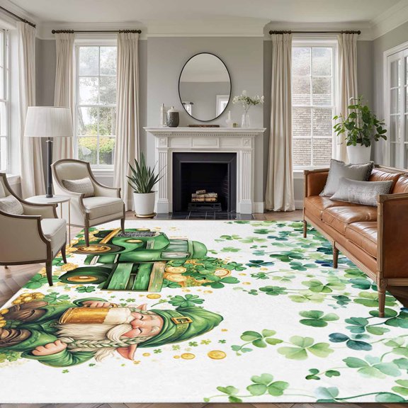 Rectangle Rug 6x9ft Area Rug,St. Patrick's Day Green Truck Gnome Area Rugs for Living Room Bedroom,Four Leaf Gold Coin Floor Mat Non-Slip Non-Shedding Carpet Indoor Accent Rugs